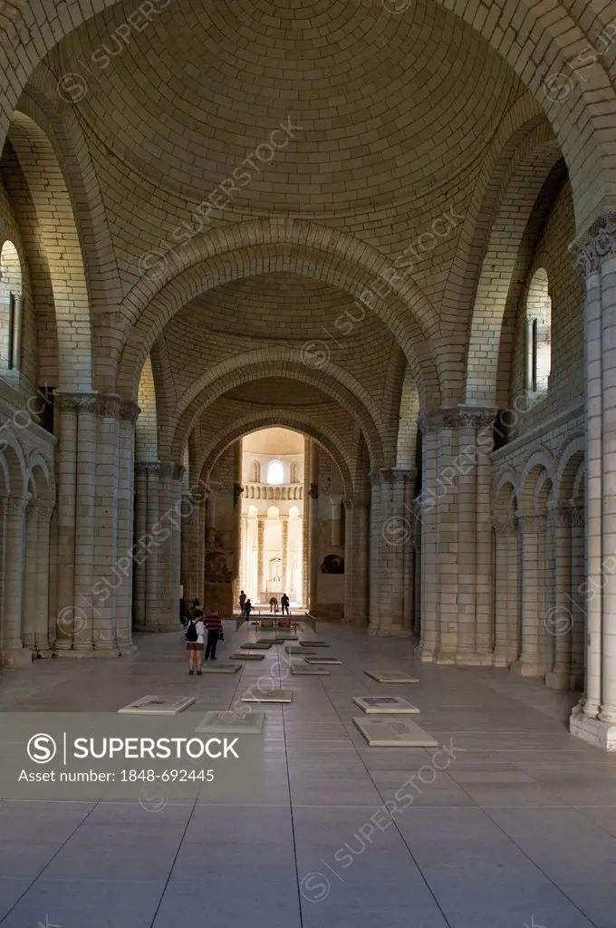 Nave of the abbey church, Abbaye de Fontevraud abbey, Aquitaine Romanesque, built from 1105 to 1160, Fontevraud-lAbbaye, Loire Valley near Saumur, Ma...