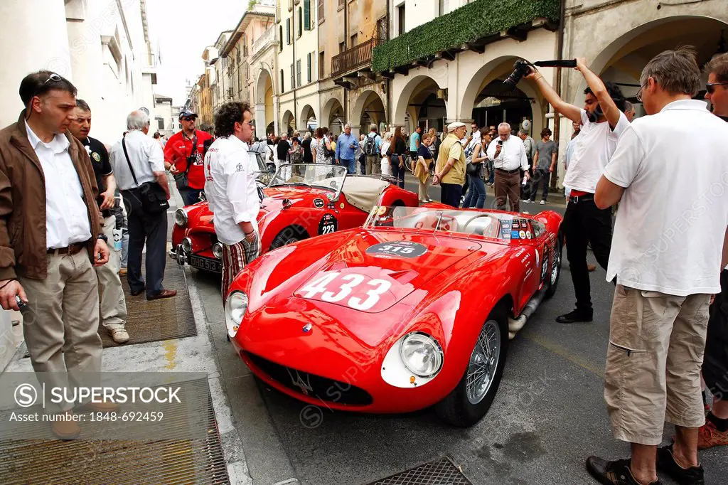 Vintage cars in the historic town centre of Brescia, with a Maserati A6 GCS in the foreground, built in 1954, Mille Miglia 2011, Lombardy, Italy, Euro...