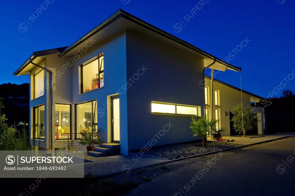 Modern detached house, blue hour, Kaiserstuhl, Baden-Wuerttemberg, Germany, Europe