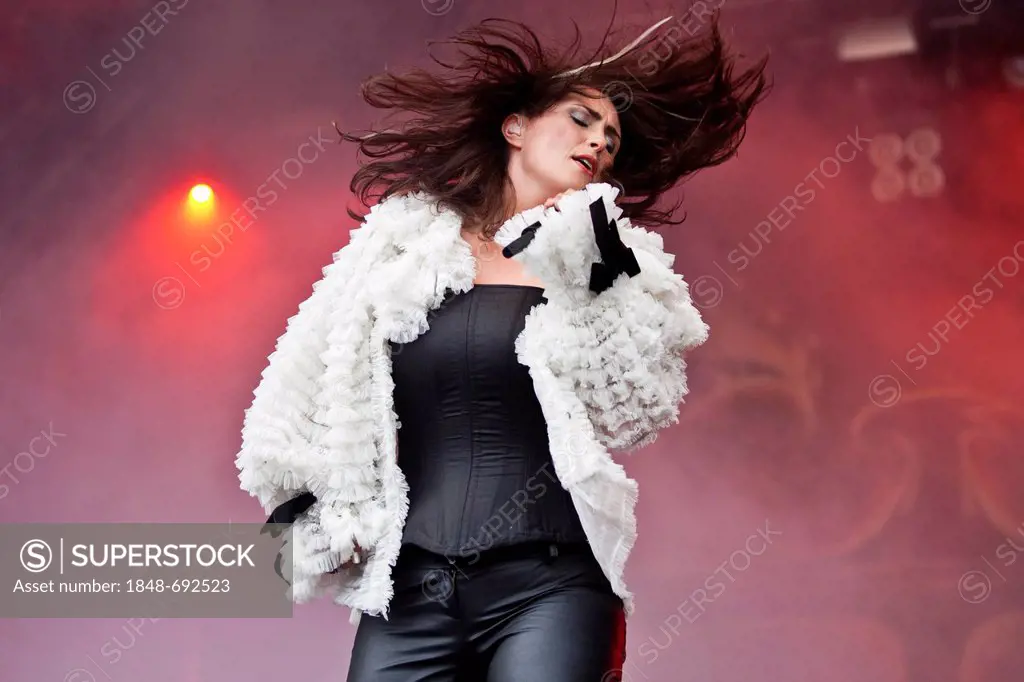 Singer and frontwoman Sharon den Adel of the Dutch symphonic metal band Within Temptation performing live at the Heitere Open Air festival in Zofingen...