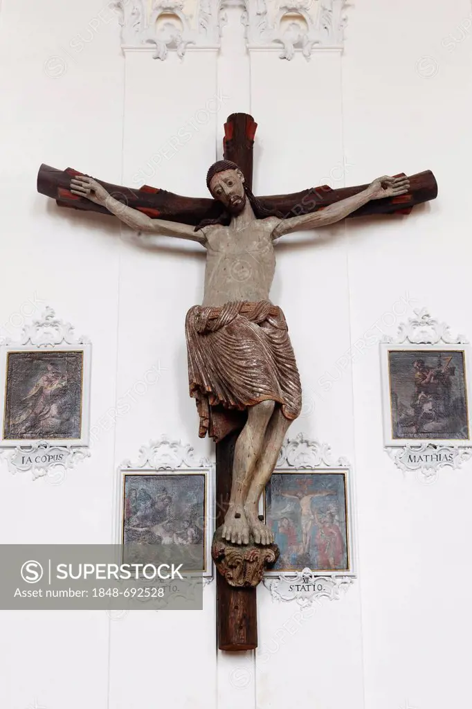 Romanesque crucifix with four nails, parish church of St. Johann, former monastery church, Wessobrunn, Pfaffenwinkel, Upper Bavaria, Bavaria, Germany,...