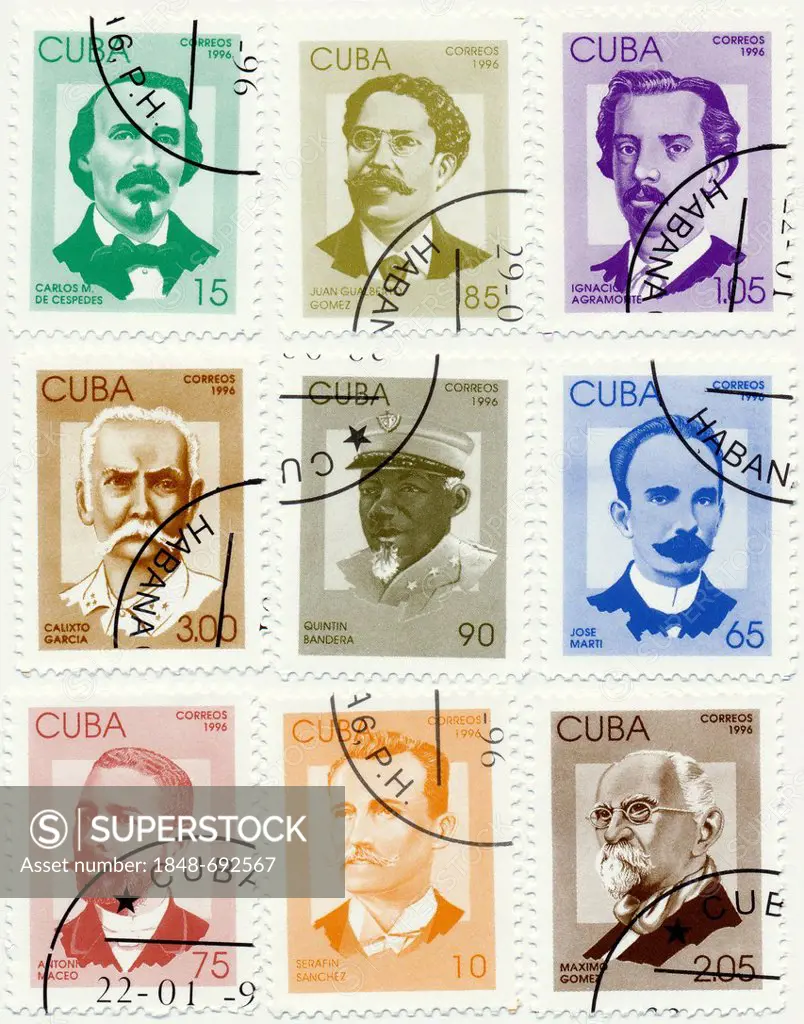 Historical stamps, historical personalities, Carlos Manuel de Cespedes, Juan Gualberto Gómez, Ignacio Agramonte y Loynaz, Máximo Gómez, Calixto García...
