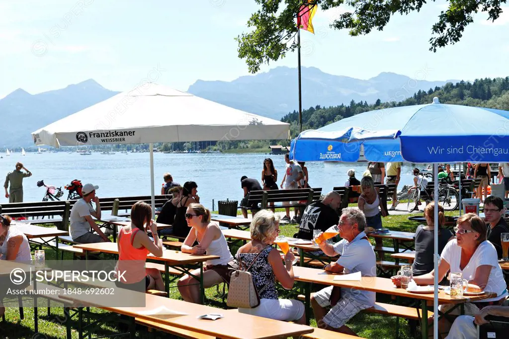 Beer garden on the Prien Stock peninsula, lake Chiemsee, Chiemgau, Upper Bavaria, Germany, Europe