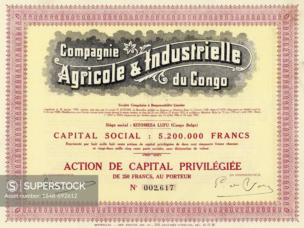 Historic stock certificate, colonial share certificate, agriculture and industry, 1935, Brussels, 250 Belgian francs, Belgium, Europe, Compagnie Indus...