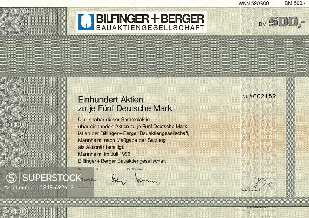 Historic stock certificate, 100 shares of 5 Deutschmarks, Bilfinger und Berger Bauaktiengesellschaft, a construction and service company, 1996, Mannhe...