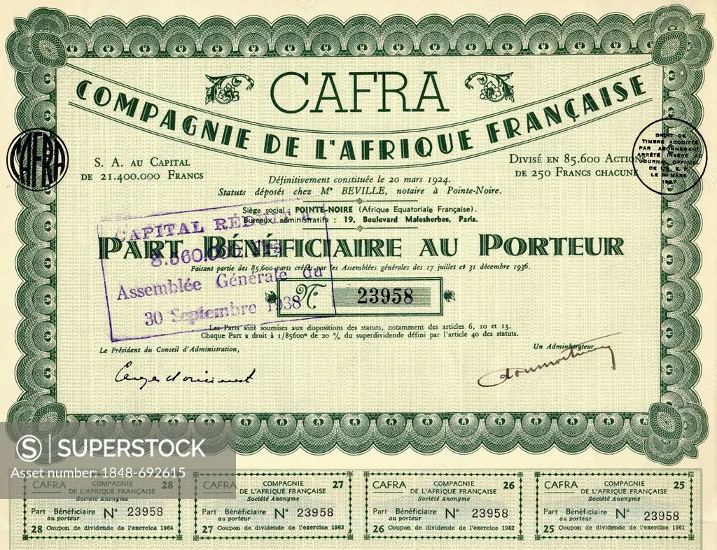 Historic stock certificate, colonial share certificate issued in 1936 in Paris, 250 French francs, France, Europe, Compagnie Francaise de l'Afrique, C...