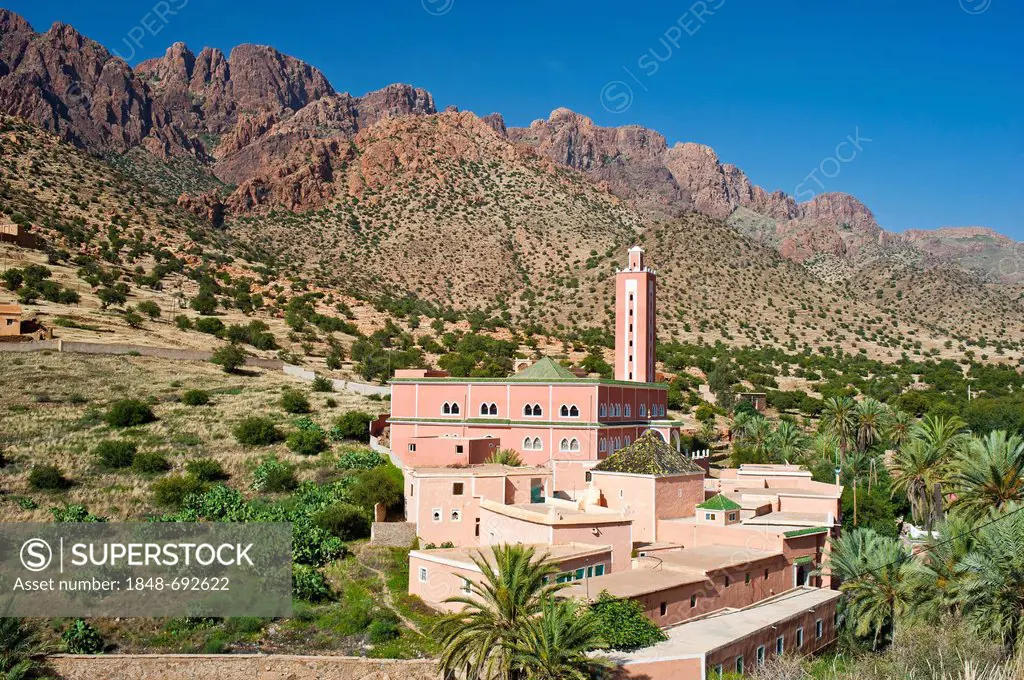A mosque with minaret, typical mountain landscape in the Anti-Atlas mountain range, southern Morocco, Africa