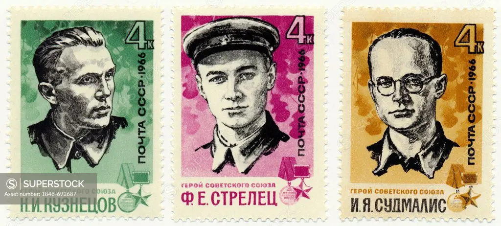 Historic postage stamps, leaders of guerrilla groups, Kuznetsov, Archer, Ya Sudmalis, 1966, USSR