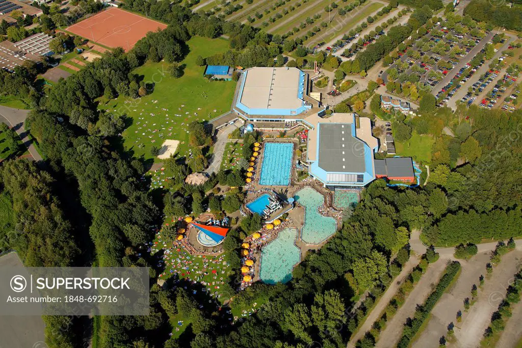 Aerial view, outdoor swimming pool, Gelsenkirchen, North Rhine-Westphalia, Germany, Europe
