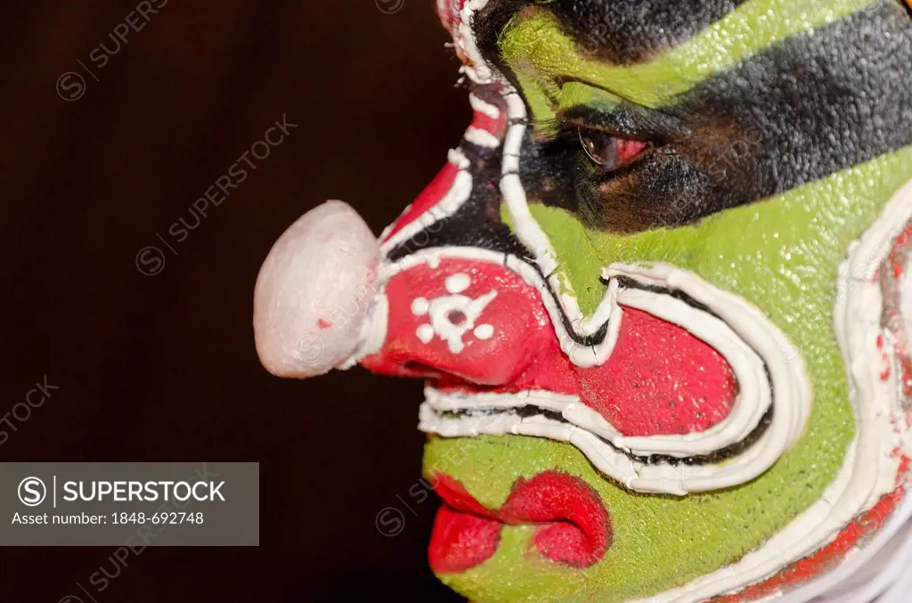 The make-up of the Kathakali character Ravana is being applied, Perattil, Kerala, India, Asia