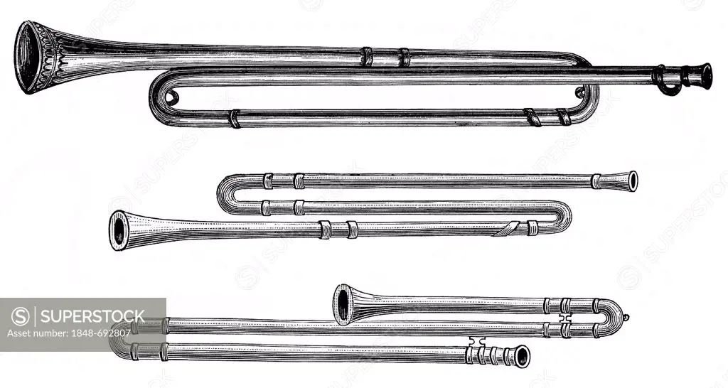 Historic drawing from the 19th century, a field trumpet, a Tuermer-horn and a trombone, 16th century