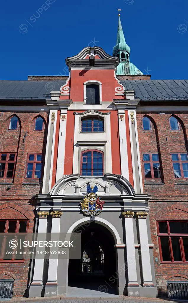 Western portal, entrance to the town hall of Stralsund, old town, Hanseatic City of Stralsund, UNESCO World Heritage Site, Mecklenburg-Western Pomeran...