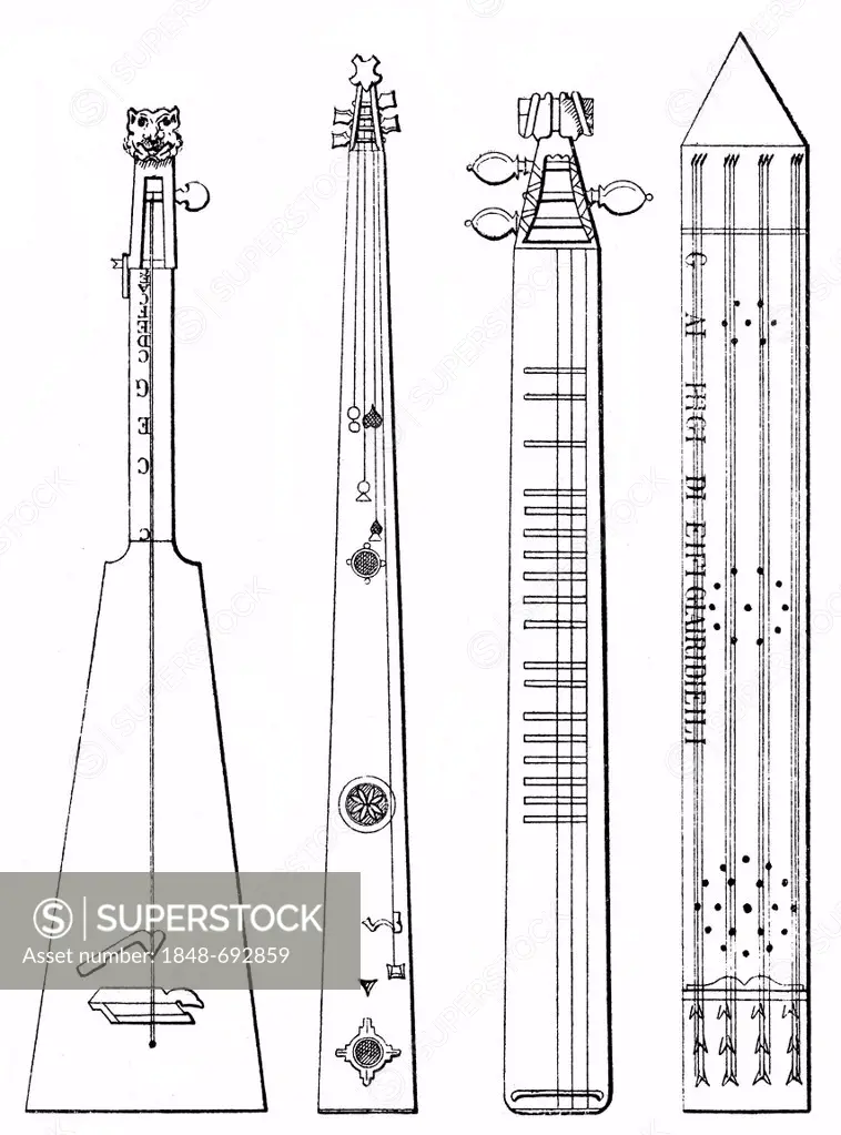 Historical drawing, various old musical instruments, trumscheit, scheitholz and double-scheitholz
