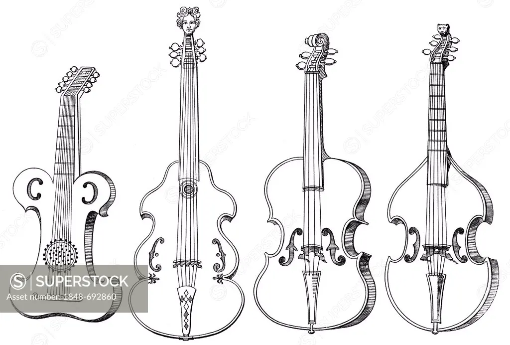 Historical drawing, various stringed instruments, old forms of the violins, case-violin, viola da gamba, viola, 16th Century