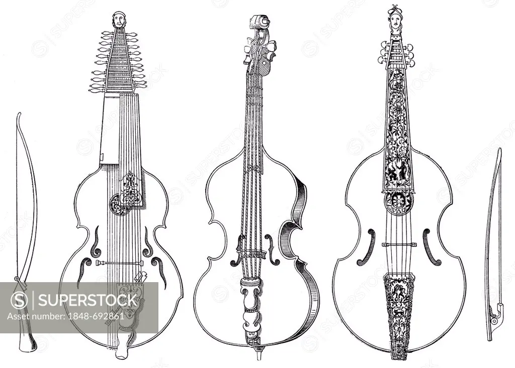 Historical drawing, various stringed instruments, old forms of the violin, case-violin, viola da gamba, brass fiddle, viola bastarda, baryton, 16th Ce...