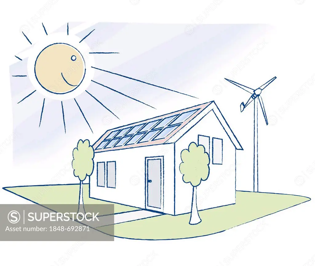 House with solar panels and a small wind turbine, illustration