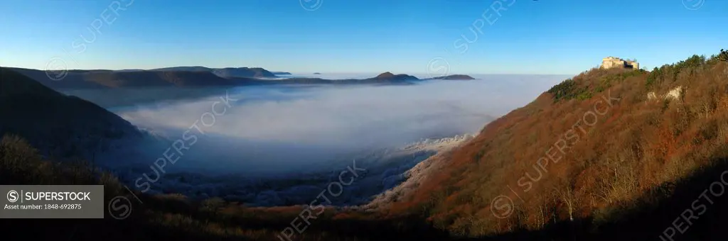Burg Hohenneuffen Castle above a fog-filled valley, Swabian Alb, Baden-Wuerttemberg, Germany, Europe