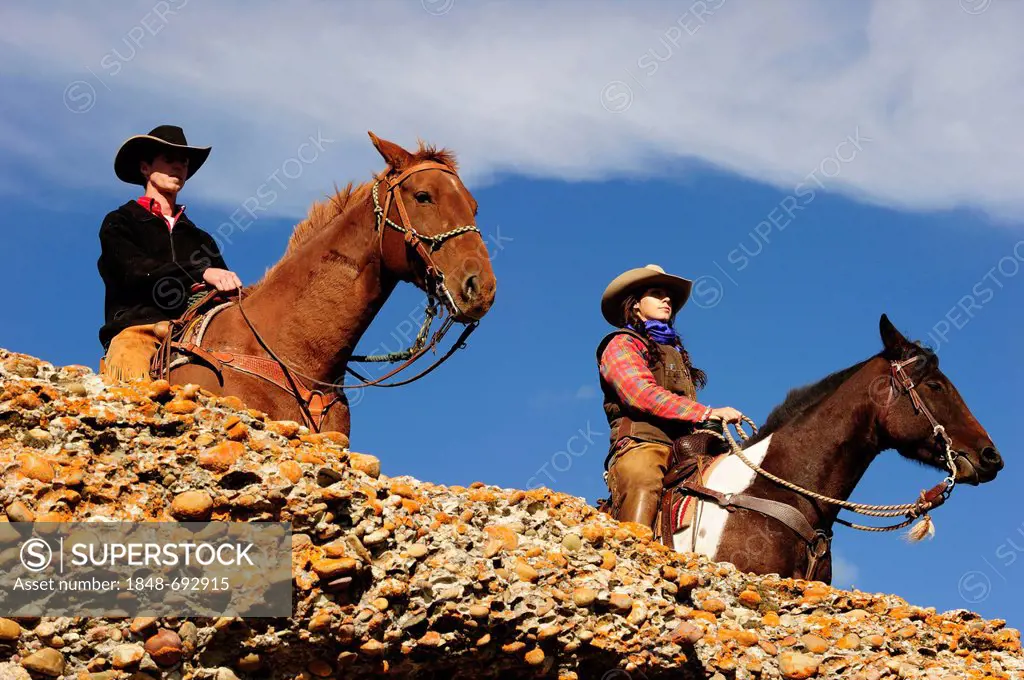 Cowboy and cowgirl on horses looking into the distance, Saskatchewan, Canada, North America
