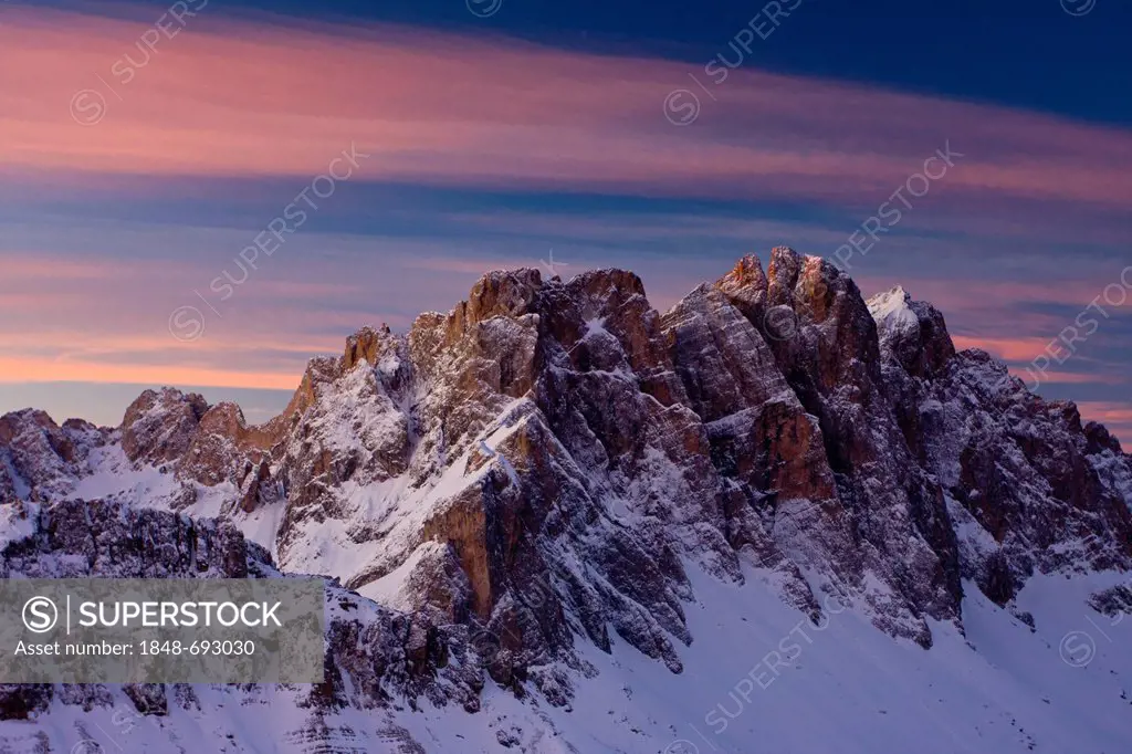 Sass Rigais mountain as seen from Zendleserkofel mountain in the Villnoesstal valley above Zanser Alm alp, Dolomites, province of Bolzano-Bozen, Italy...