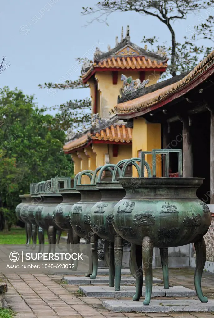 Nine Dynastic Urns in front of Hien Lam Pavilion in the Citadel, Imperial Palace of Hoang Thanh, Forbidden City, Hue, UNESCO World Heritage Site, Viet...