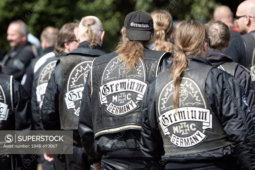 Members of the Gremium Motorcycle Club, funeral procession for a deceased member, Koblenz, Rhineland-Palatinate, Germany, Europe