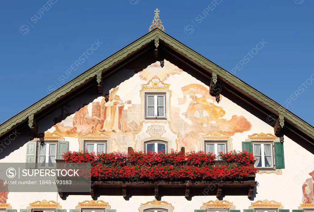 Facade with mural paintings called Lueftlmalerei, Gasthof zur Post inn, Kochel am See, Upper Bavaria, Bavaria, Germany, Europe, PublicGround
