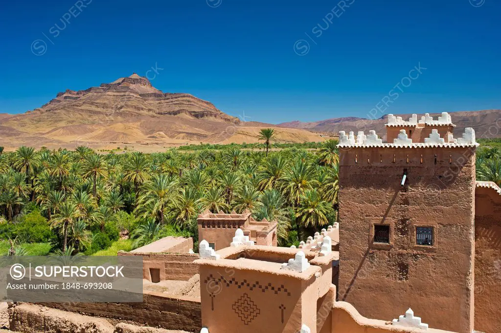 View from the roof of Qaid Ali Kasbah, Asslim, overlooking a palm grove and the Djebel Kissane mountain, Agdz, Draa-Valley, Southern Morocco, Morocco,...