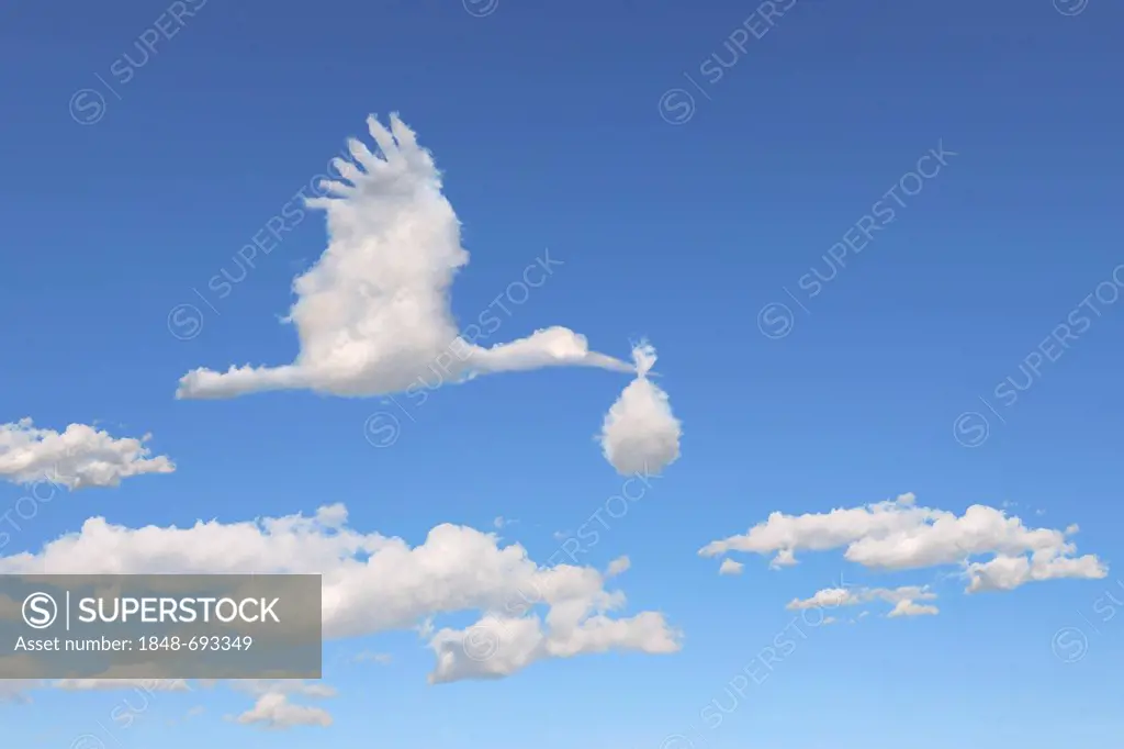 Cloud formations in the shape of a stork holding diapers, illustration
