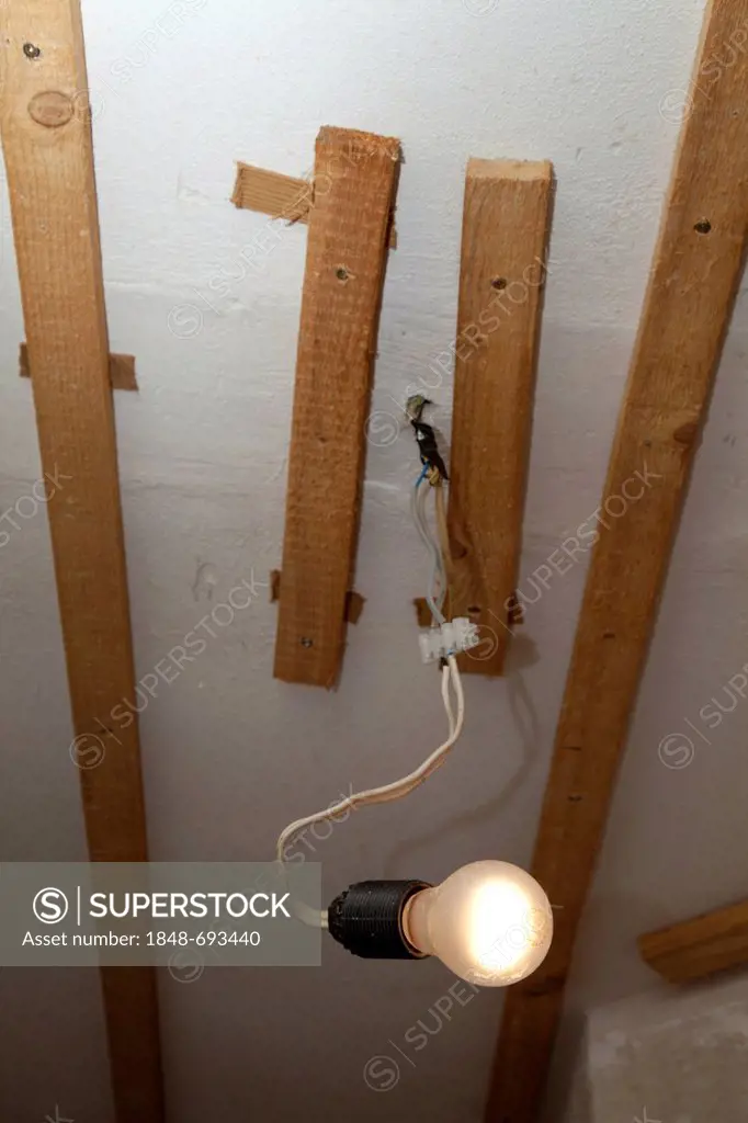Bulb with a lustre terminal and strips of wood on the ceiling of a living room