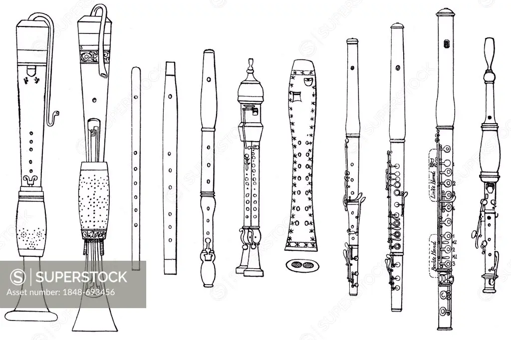 Historical drawing, various forms of ancient woodwind instruments, flageolet, beak flute, German flute, double flute, recorder