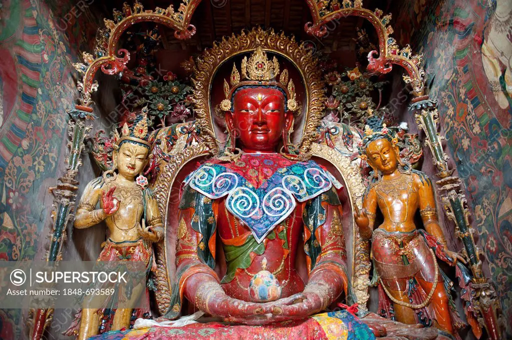 Tibetan Buddhism, Newari-style sculptures, colourfully painted statues made of wood and clay, red Buddha statue, Palcho Monastery, also known as Pelko...