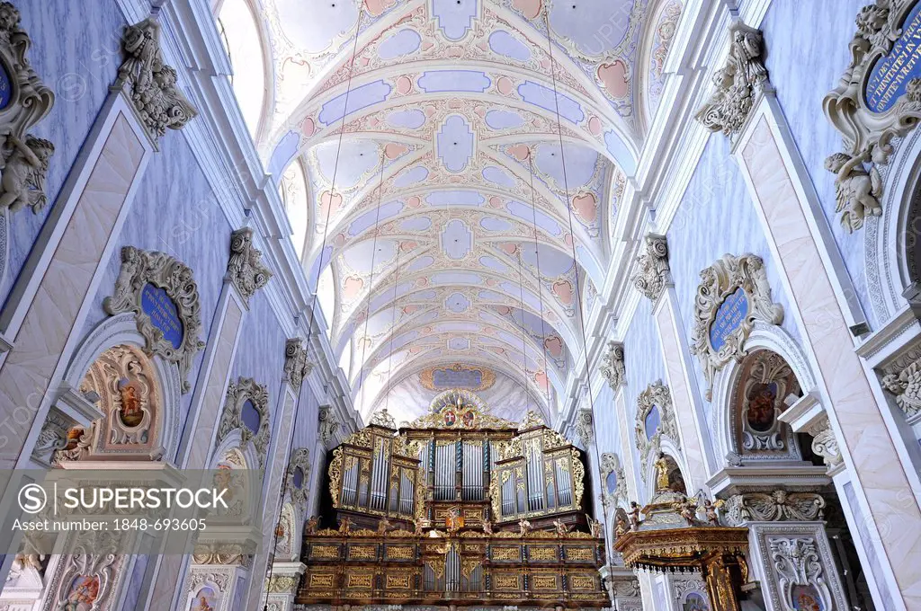 Nave with organ, Goettweig Abbey, Goettweiger Berg, UNESCO World Heritage Site Wachau, Lower Austria, Austria, Europe