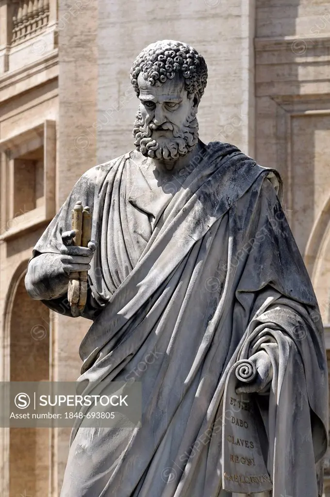 Statue of Saint Peter holding two keys, St. Peter's Square, Vatican City, Rome, Latium region, Italy, Europe