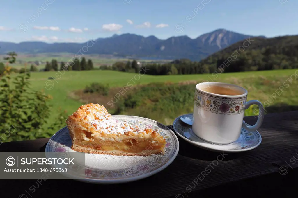 An apple pie and a cup of coffee, terrace of Alpengasthof Kreut-Alm Restaurant, Grossweil, Upper Bavaria, Bavaria, Germany, Europe