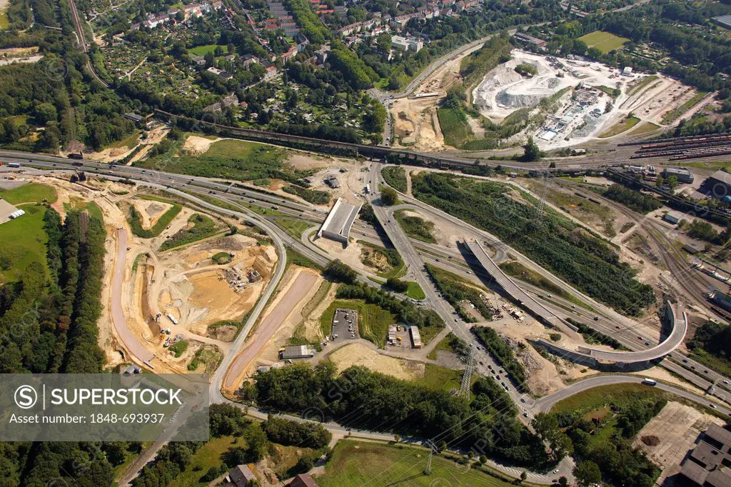 Aerial view, A40 motorway, B1 highway, Donetsk-ring junction, Bochum, Wattenscheid, Ruhr Area, North Rhine-Westphalia, Germany, Europe