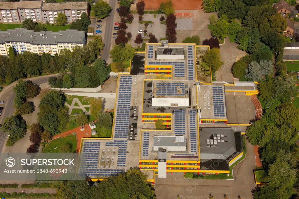 Aerial view, solar roofs, Ingeborg-Drewitz-Gesamtschule school, Gladbeck, Ruhr area, North Rhine-Westphalia, Germany, Europe