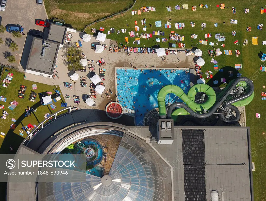 Aerial view, outdoor swimming pool, Oberhausen, North Rhine-Westphalia, Germany, Europe