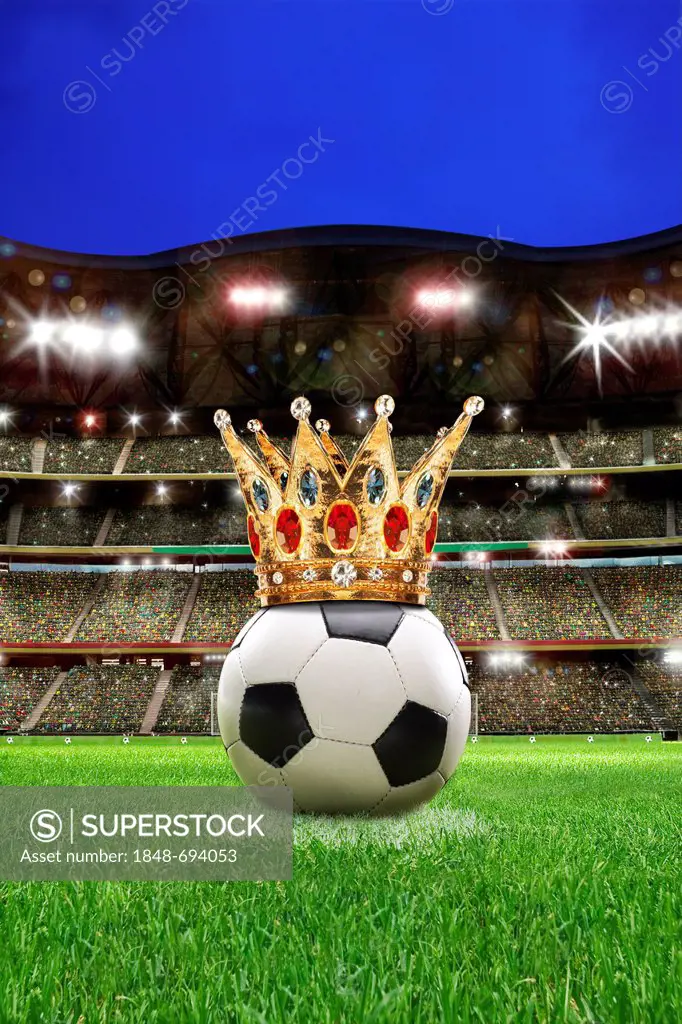 Football with a crown in a football stadium with spectator stands, illustration