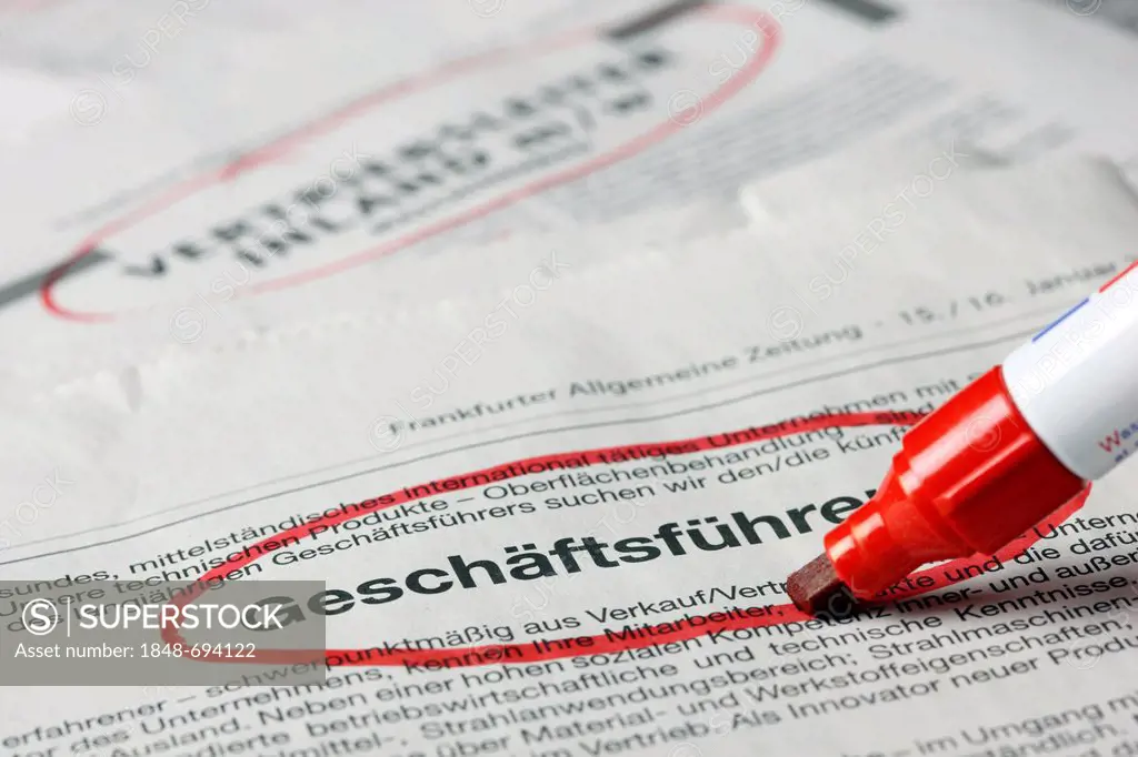 Job-seeking, employment ad in a newspaper, circlede ad for Geschaeftsfuehrer or manager