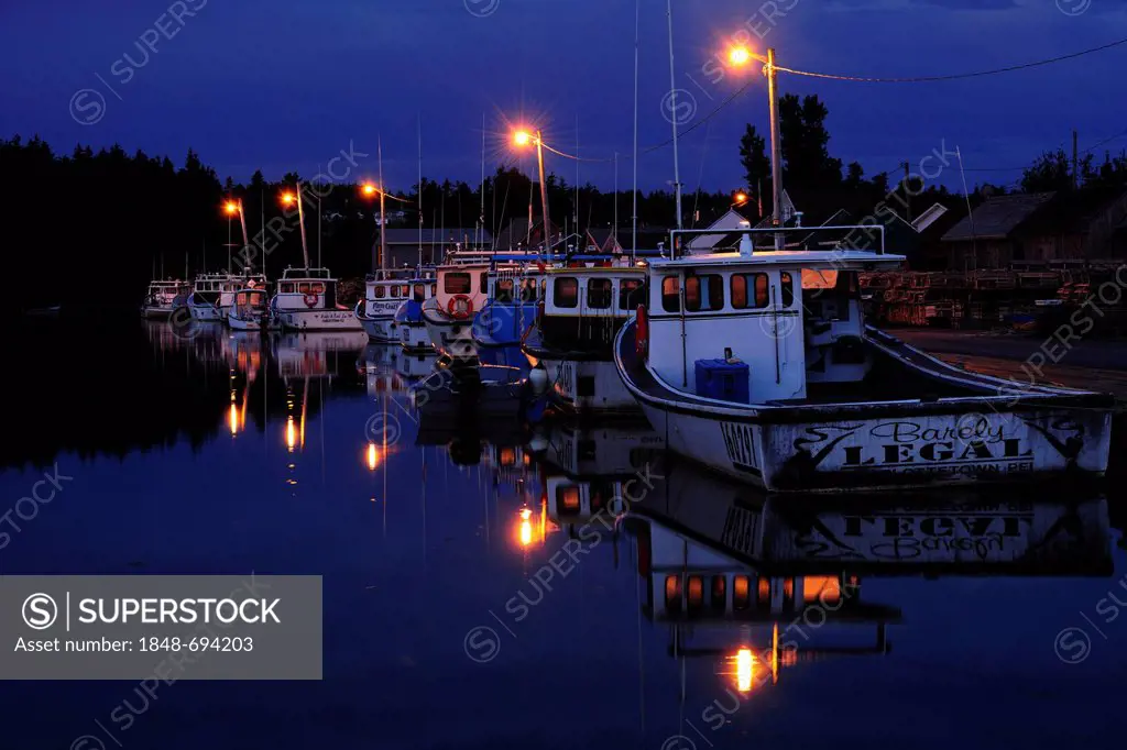 Night shot, boats in the harbour of North Rustico, Prince Edward Island, Canada, North America