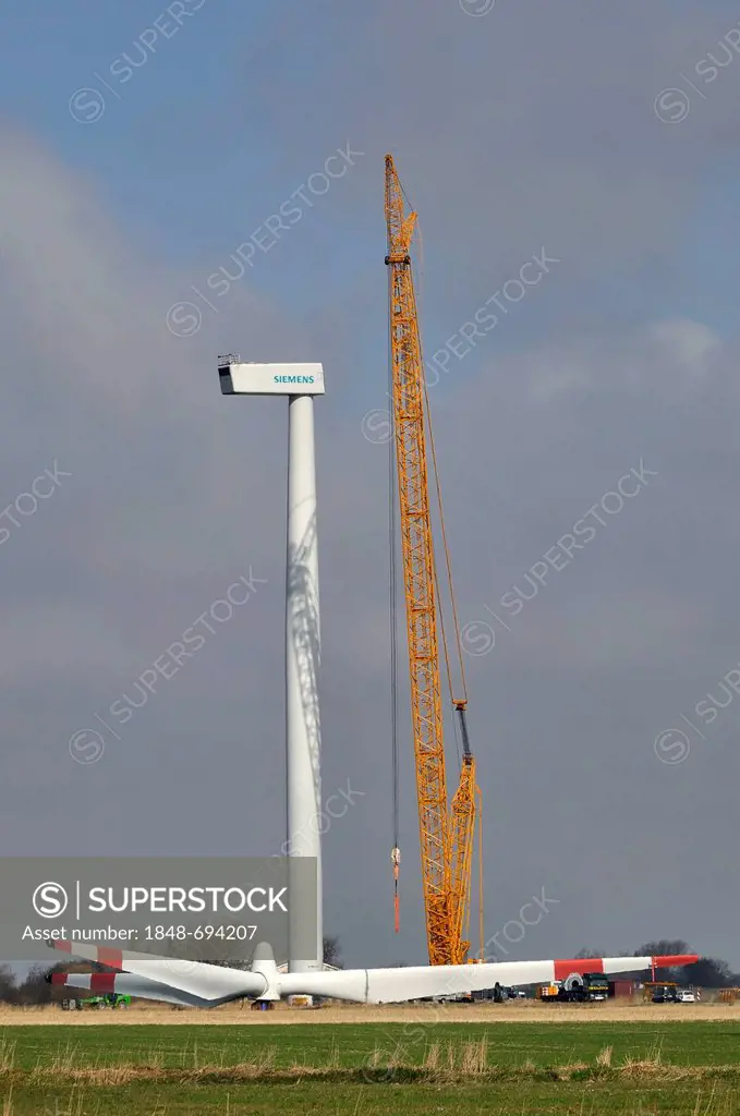 Construction of an onshore wind turbine, repowering a wind farm, North Friesland, Schleswig-Holstein, Germany, Europe