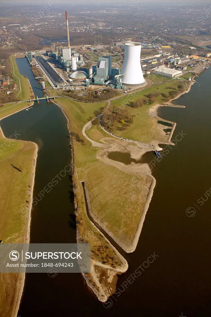 Aerial view, Kraftwerk Walsum coal power plant, Evonik STEAG, Rhine river, Ruhrgebiet region, North Rhine-Westphalia, Germany, Europe