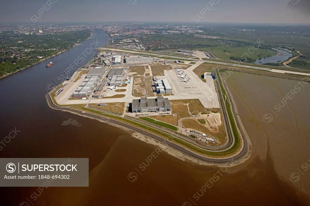 Aerial view, Hamburg Finkenwerder Airport, aircraft works, aircraft manufacturing plant, Hamburg, Germany, Europe