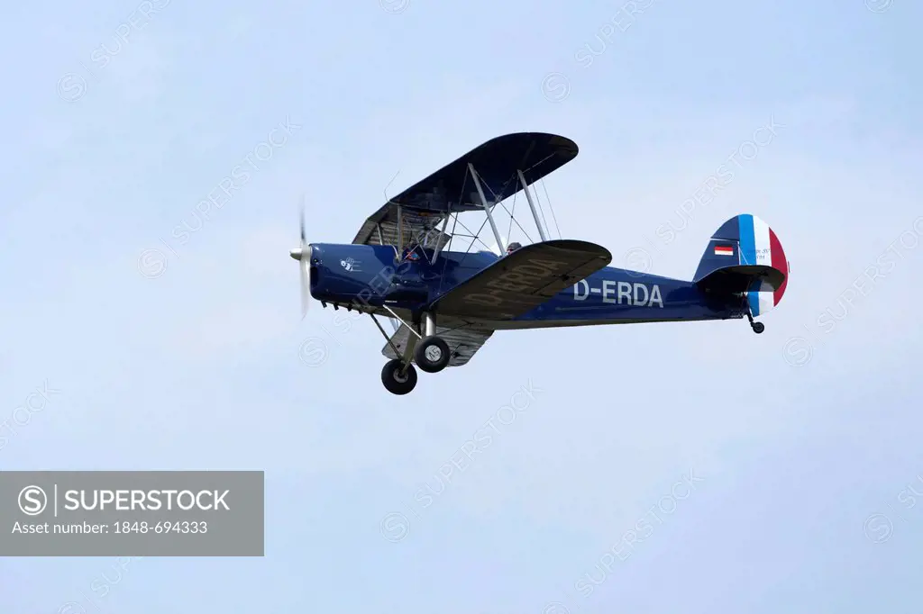 Biplane at the festival on the airfield celebrating 100 years of flying in Lueneburg, Lower Saxony, Germany