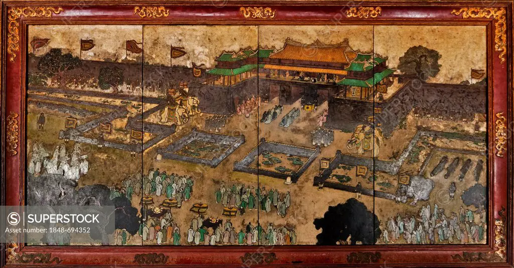 Ancient wall painting of the Thai Hoa Palace Complex, Hoang Thanh Imperial Palace, Forbidden City, Hue, UNESCO World Heritage Site, Vietnam, Asia