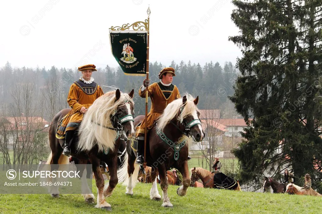 Horses and riders in the Georgiritt, Saint George's Horse Parade, Traunstein, Chiemgau, Upper Bavaria, Germany, Europe
