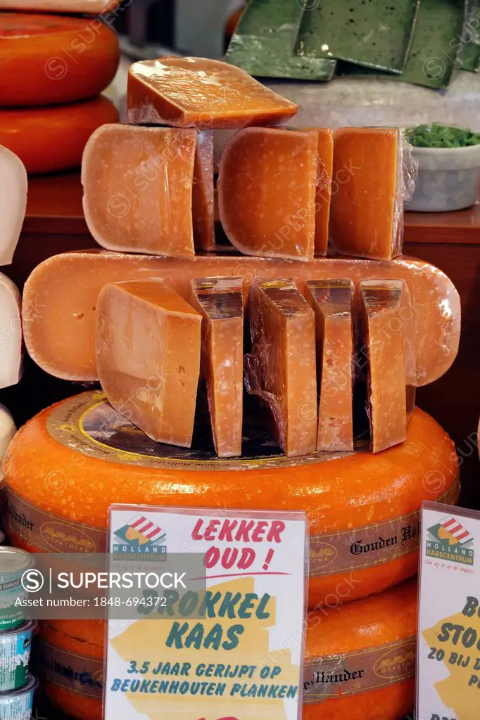 Dutch Gouda, Brokkel Kaas cheese, matured for 3 years, for sale in Middelburg, Walcheren, Zeeland, Holland, Netherlands, Europe