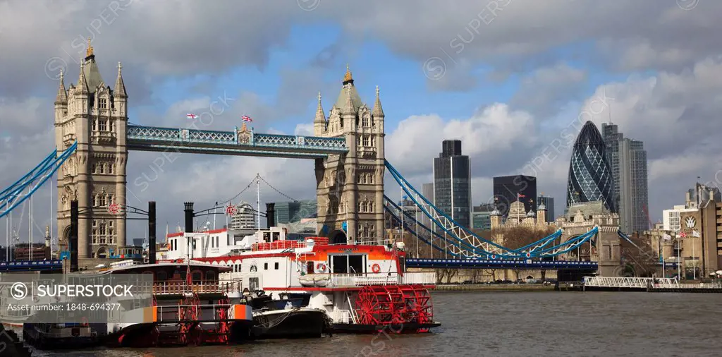 Tower Bridge with the River Thames and the City of London at back, London, England, United Kingdom, Europe