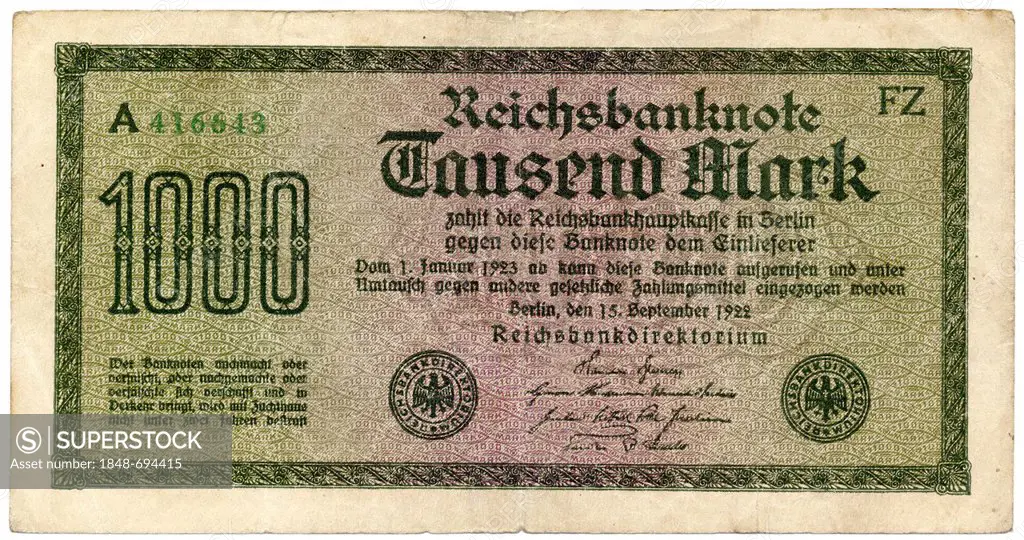 Historical note, Reichsbanknote, 1000 Mark, 1922, Germany, Europe