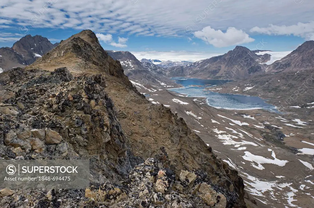 View towards the interior icefields from local mountain of Tasiilaq or Ammassalik, East Greenland, Greenland